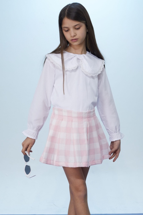 Pembe Kare Desenli Şort Etekli Fiyonklu Gömlekli Kız Çocuk Takım 18401