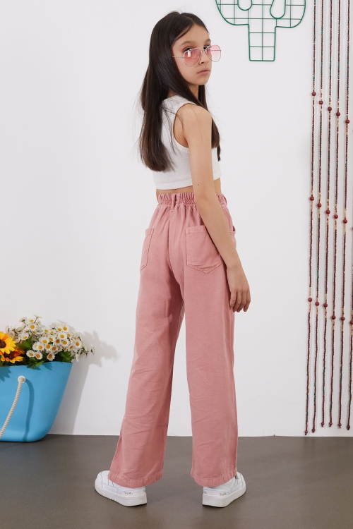 Pembe Kuşaklı Beli Lastikli İspanyol Paça Kız Pantolon 18716