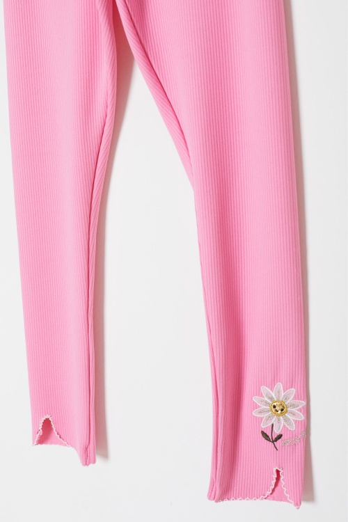 Pembe Papatya Nakışlı Fitilli Kız Çocuk Yırtmaçlı Tayt 18142
