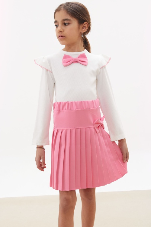 Pembe Piliseli Etekli Uzun Kol Badili Kız Çocuk Elbise Takımı 17741