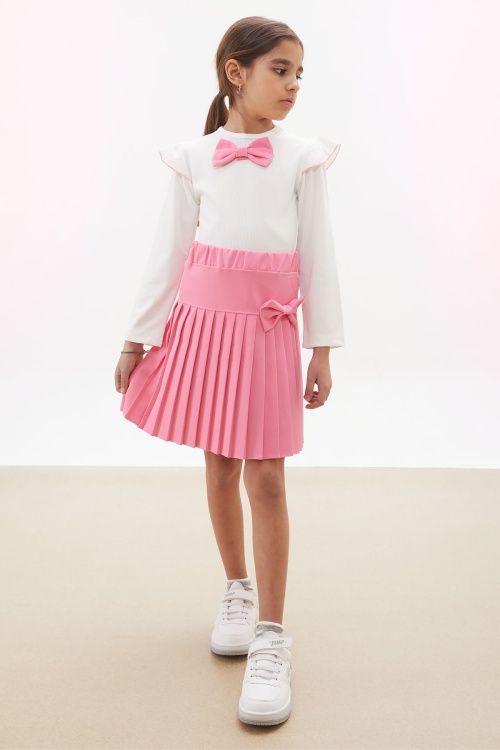 Pembe Piliseli Etekli Uzun Kol Badili Kız Çocuk Elbise Takımı 17741