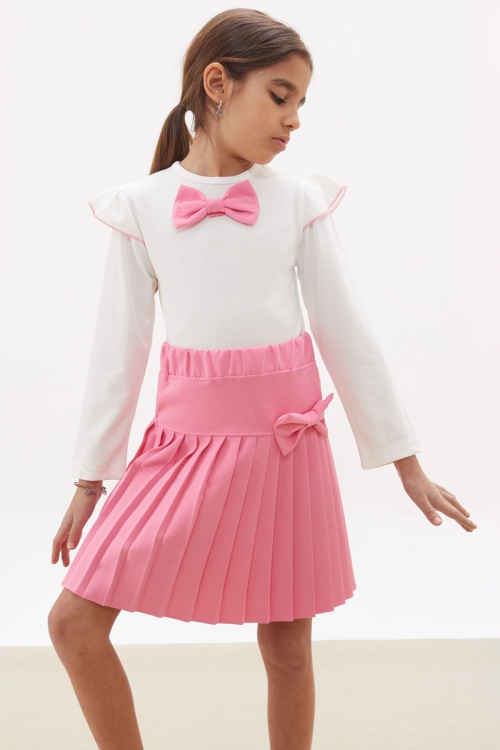 Pembe Piliseli Etekli Uzun Kol Badili Kız Çocuk Elbise Takımı 17741