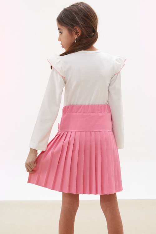 Pembe Piliseli Etekli Uzun Kol Badili Kız Çocuk Elbise Takımı 17741