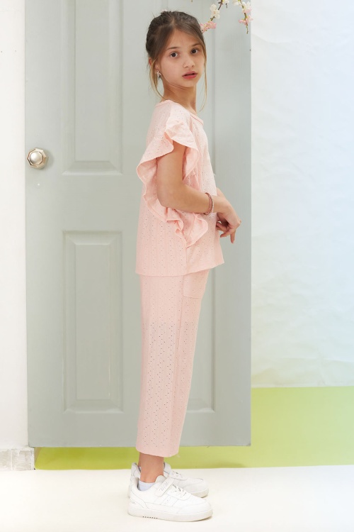 Pembe Volan Detaylı Bluzlu Pantolonlu Kız Çocuk Yazlık Takım 18536