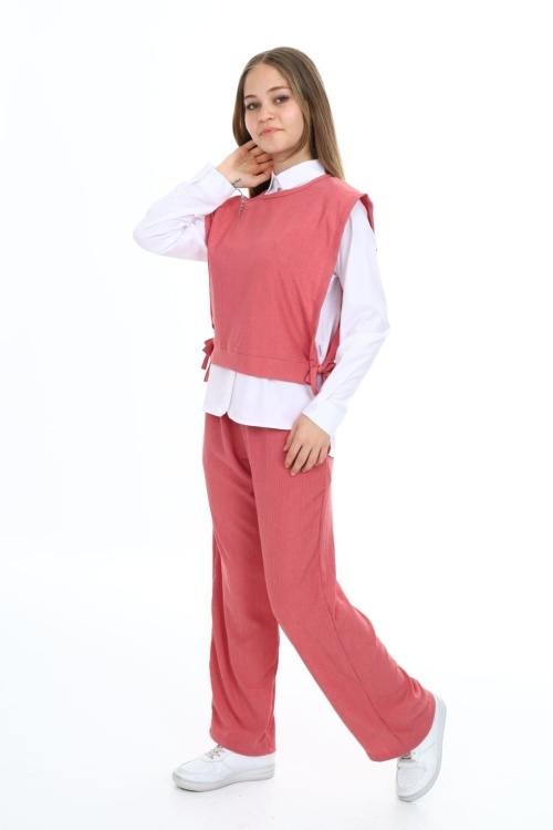 Pembe Yandan Bağlamalı Süveterli Gömlekli Kız Çocuk 3lü Takım 18491