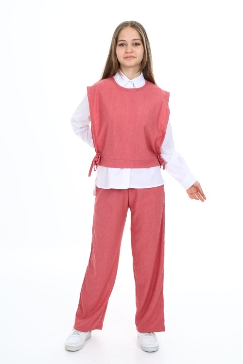 Pembe Yandan Bağlamalı Süveterli Gömlekli Kız Çocuk 3lü Takım 18491