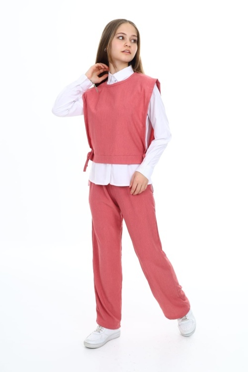 Pembe Yandan Bağlamalı Süveterli Gömlekli Kız Çocuk 3lü Takım 18491