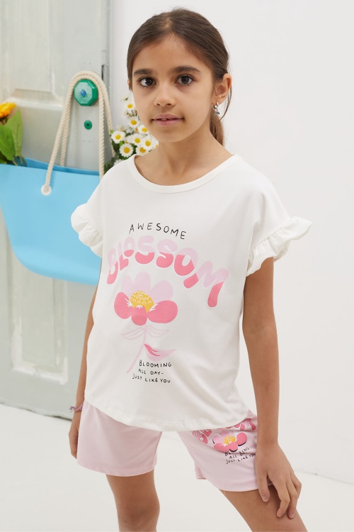 Pudra Çiçek Baskılı Yazılı Mini Şortlu Kız Çocuk Takım 18690