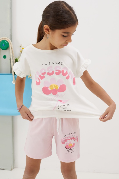 Pudra Çiçek Baskılı Yazılı Mini Şortlu Kız Çocuk Takım 18690
