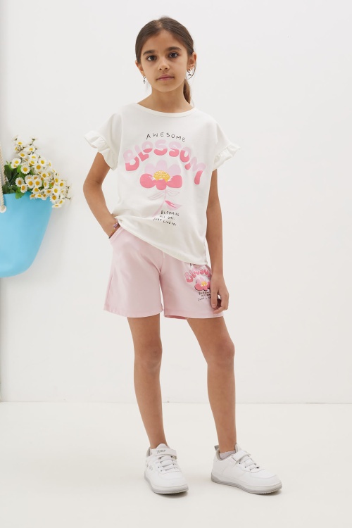 Pudra Çiçek Baskılı Yazılı Mini Şortlu Kız Çocuk Takım 18690