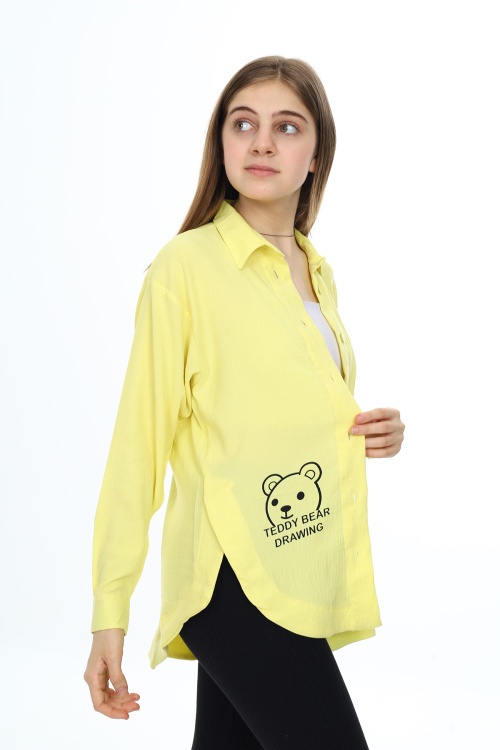 Sarı Ayıcık Baskılı Yırtmaçlı Kız Çocuk Düğmeli Gömlek 18419