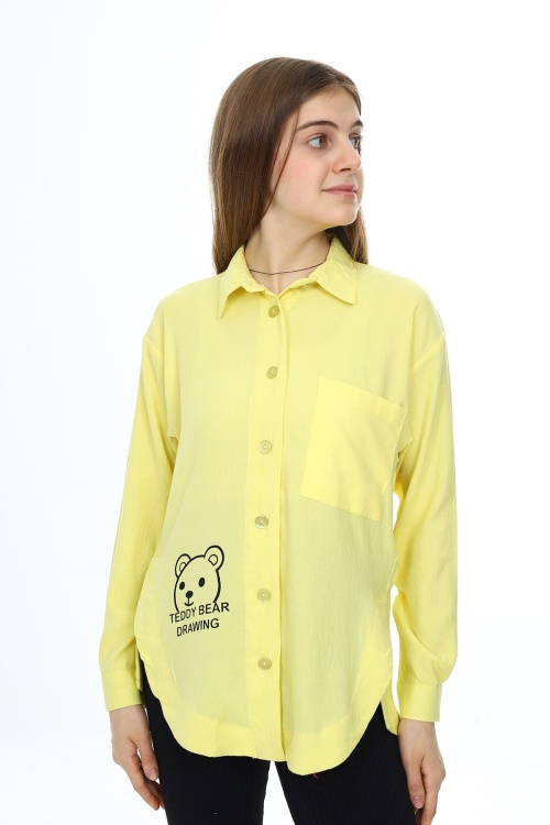 Sarı Ayıcık Baskılı Yırtmaçlı Kız Çocuk Düğmeli Gömlek 18419