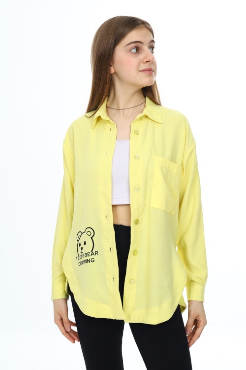 Sarı Ayıcık Baskılı Yırtmaçlı Kız Çocuk Düğmeli Gömlek 18419