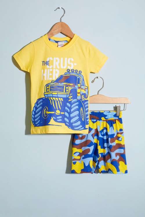 Sarı Canavar Kamyon Baskılı Erkek Çocuk Şortlu Tişörtlü Takım 18660