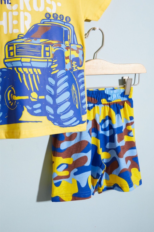 Sarı Canavar Kamyon Baskılı Erkek Çocuk Şortlu Tişörtlü Takım 18660