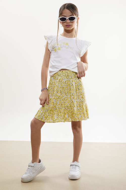 Sarı Çiçek Desenli Etekli Baskılı Tişörtlü Kız Çocuk Takım 18503