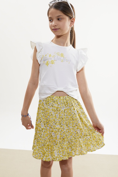 Sarı Çiçek Desenli Etekli Baskılı Tişörtlü Kız Çocuk Takım 18503
