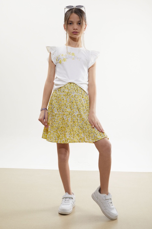 Sarı Çiçek Desenli Etekli Baskılı Tişörtlü Kız Çocuk Takım 18503