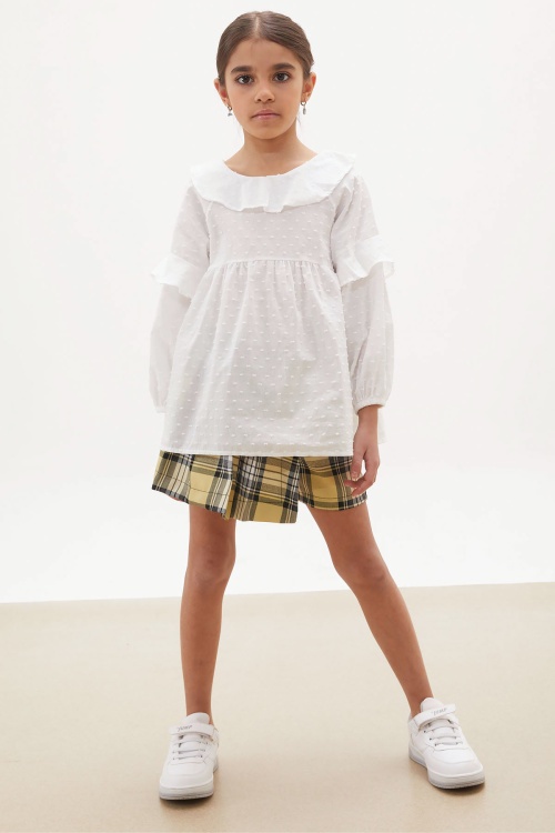 Sarı Ekose Desenli Şort Etekli Gömlekli Kız Takım 18239