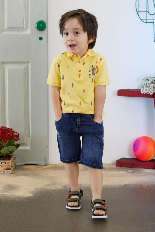 Sarı Kaktüs Desenli Polo Yaka Jean Şortlu Erkek Çocuk Takım 18738