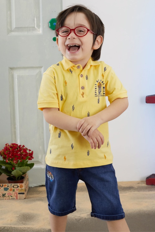 Sarı Kaktüs Desenli Polo Yaka Jean Şortlu Erkek Çocuk Takım 18738