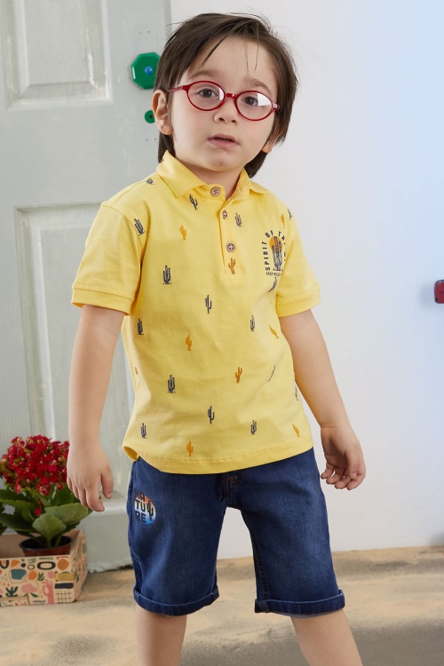 Sarı Kaktüs Desenli Polo Yaka Jean Şortlu Erkek Çocuk Takım 18738
