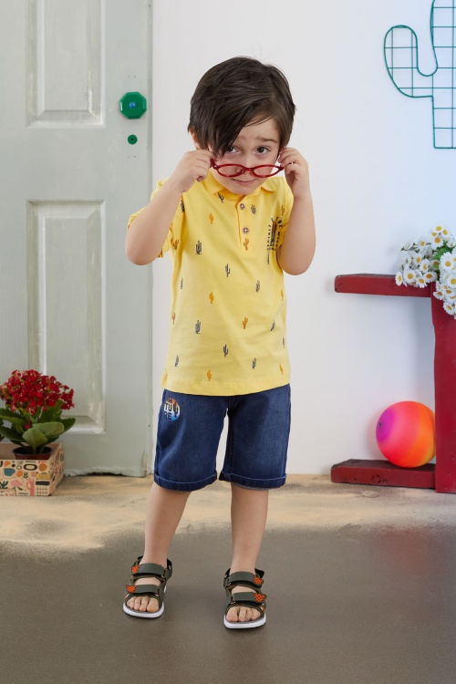 Sarı Kaktüs Desenli Polo Yaka Jean Şortlu Erkek Çocuk Takım 18738