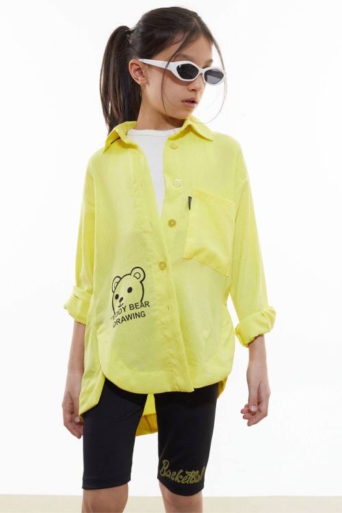 Sarı Kalp Baskılı Yırtmaç Detaylı Kız Çocuk Düğmeli Gömlek 18431