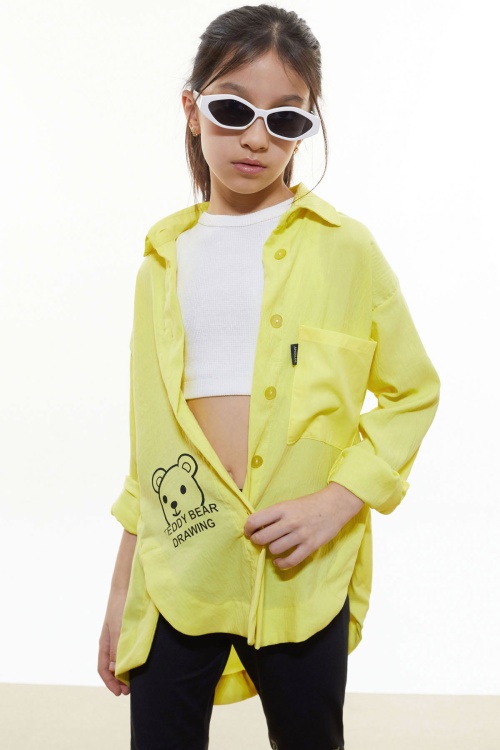 Sarı Kalp Baskılı Yırtmaç Detaylı Kız Çocuk Düğmeli Gömlek 18431