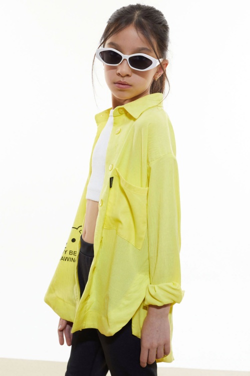 Sarı Kalp Baskılı Yırtmaç Detaylı Kız Çocuk Düğmeli Gömlek 18431