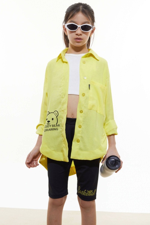 Sarı Kalp Baskılı Yırtmaç Detaylı Kız Çocuk Düğmeli Gömlek 18431