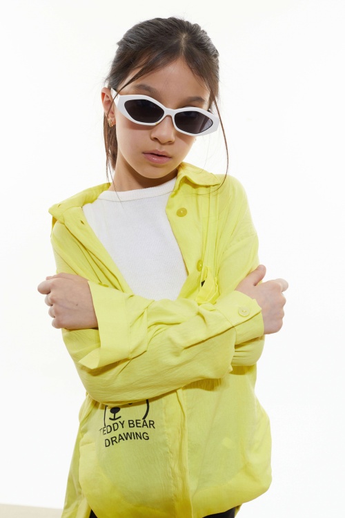 Sarı Kalp Baskılı Yırtmaç Detaylı Kız Çocuk Düğmeli Gömlek 18431