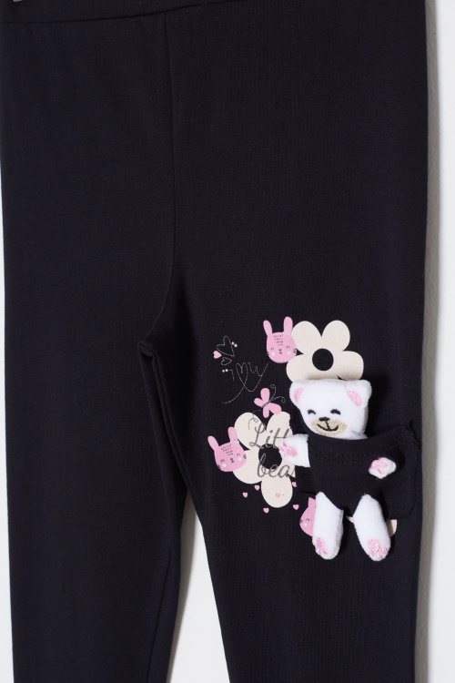 Siyah Ayıcık Cepli Kız Çocuk Tayt 18154