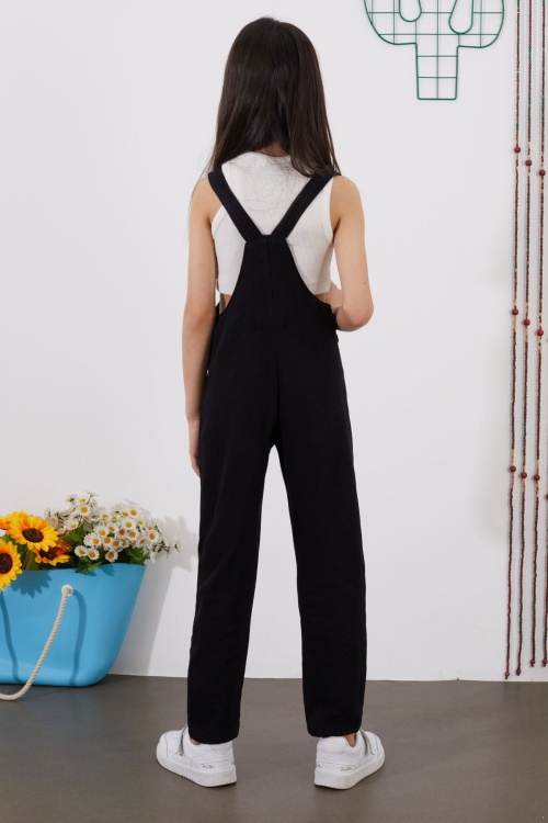 Siyah Ayıcıklı Göğüs Cepli Kız Çocuk Salopet Tulum 18752