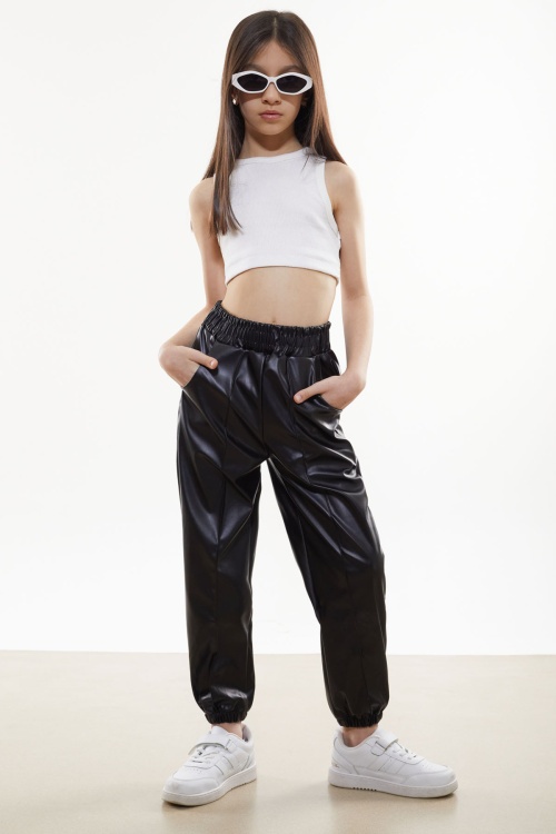 Siyah Beli Lastikli Jogger Model Kız Deri Pantolon 18049