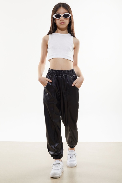 Siyah Beli Lastikli Jogger Model Kız Deri Pantolon 18049