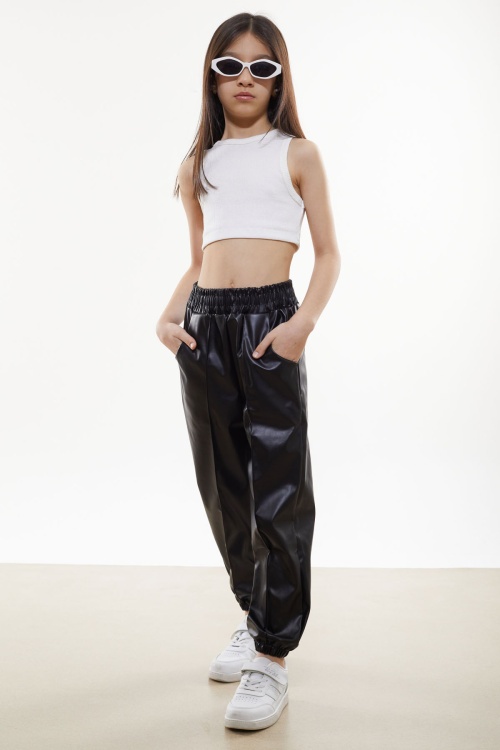 Siyah Beli Lastikli Jogger Model Kız Deri Pantolon 18049