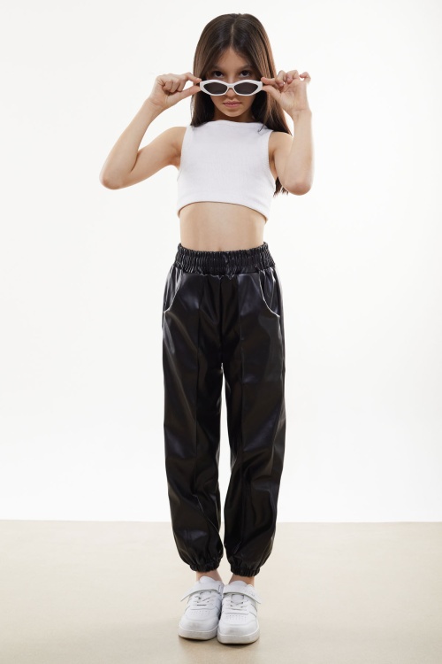 Siyah Beli Lastikli Jogger Model Kız Deri Pantolon 18049