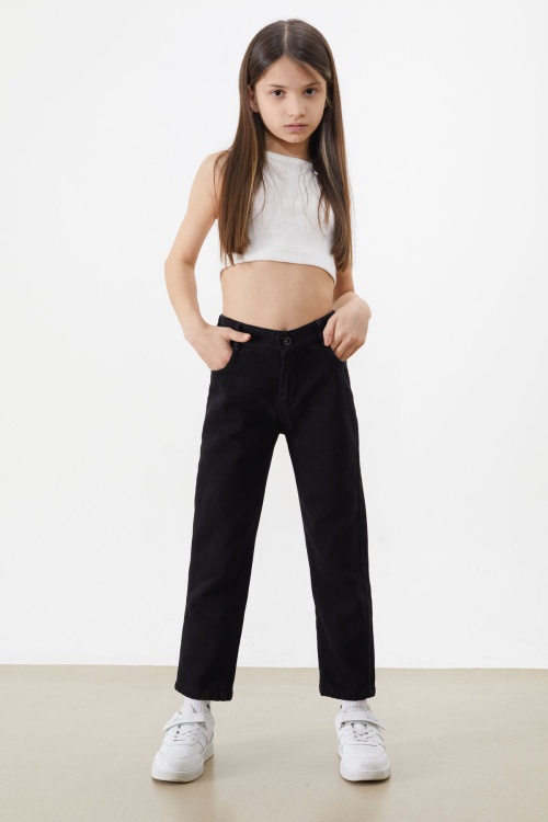 Siyah Beli Lastikli Mom Jean Kız Çocuk Pantolon 18484