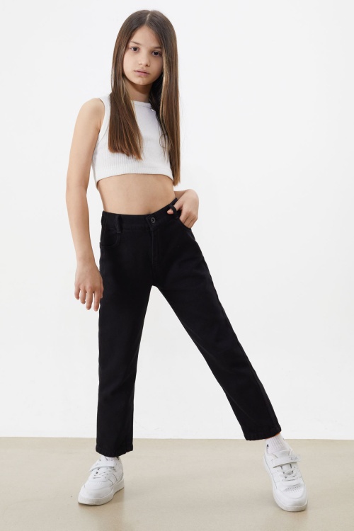 Siyah Beli Lastikli Mom Jean Kız Çocuk Pantolon 18484