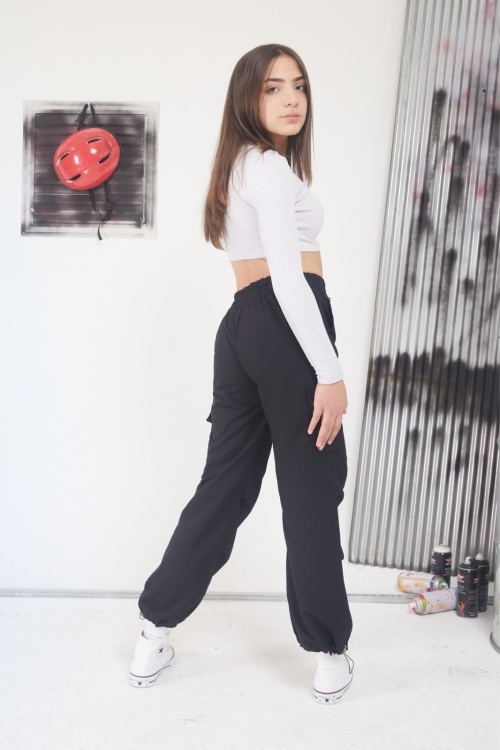 Siyah Çift Kargo Cepli Yeşil Şeritli Kız Çocuk Paraşüt Pantolon 17591