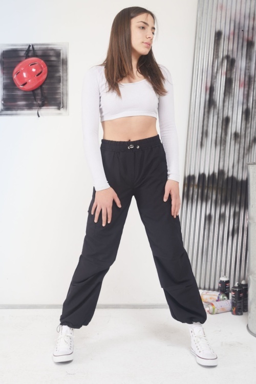 Siyah Çift Kargo Cepli Yeşil Şeritli Kız Çocuk Paraşüt Pantolon 17591