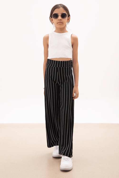 Siyah Çizgi Desenli Kuşaklı Geniş Paça Kız Çocuk Pantolon 18094