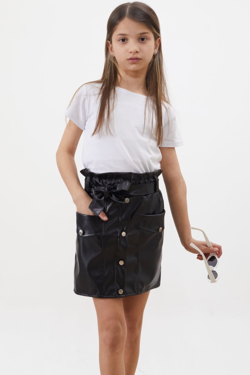 Siyah Düğme Detaylı Kuşaklı Kız Çocuk Deri Etek 18448