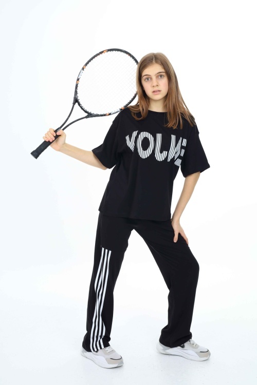 Siyah Enjoy Yazılı Şeritli Kız Çocuk Takım 18699