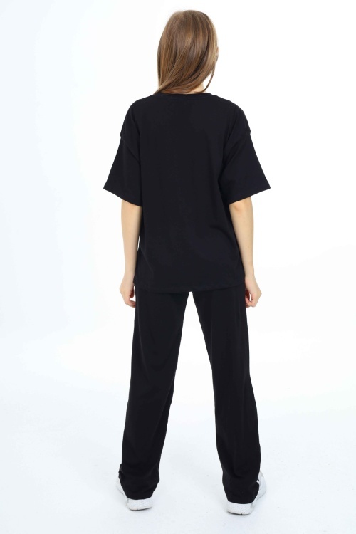 Siyah Enjoy Yazılı Şeritli Kız Çocuk Takım 18699