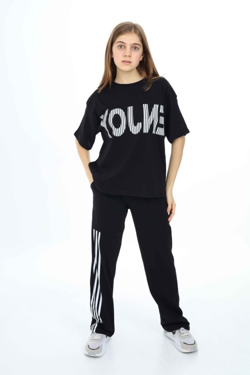Siyah Enjoy Yazılı Şeritli Kız Çocuk Takım 18699