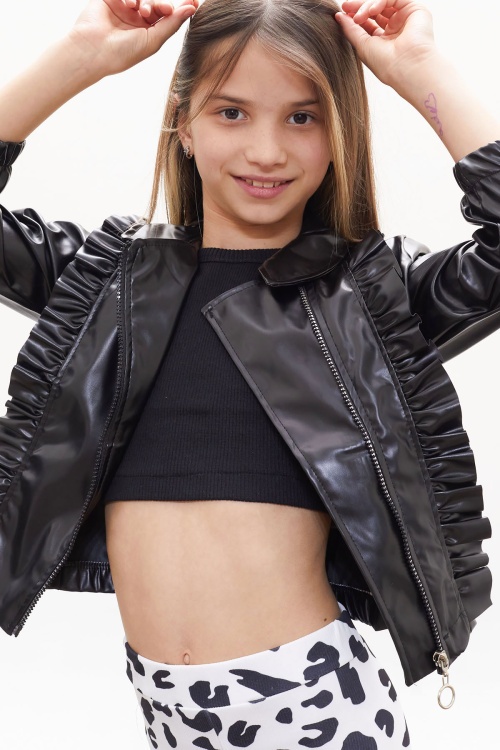 Siyah Fermuarlı Fırfırlı Kız Deri Mont 16778