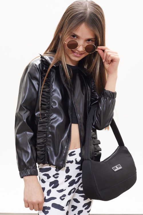 Siyah Fermuarlı Fırfırlı Kız Deri Mont 16778