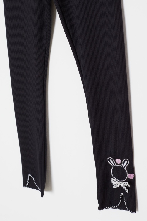 Siyah Fiyonklu Tavşan Nakışlı Fitilli Kız Çocuk Yırtmaçlı Tayt 18146